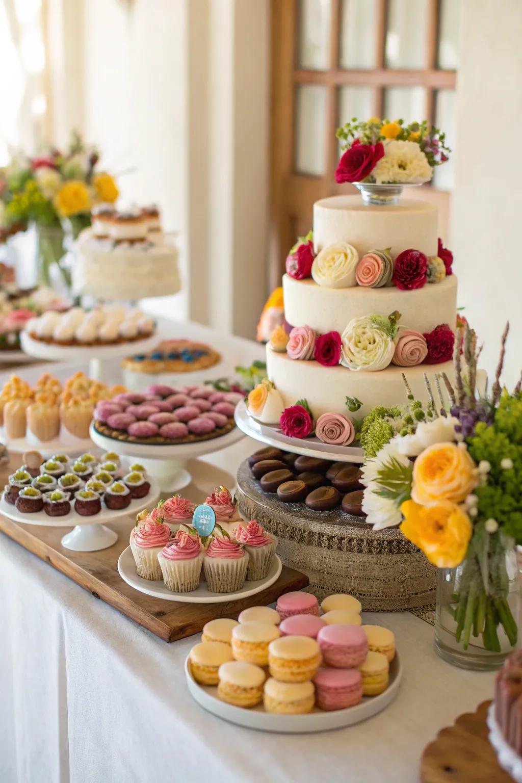 A stylish wedding sweet table providing a tempting variety of desserts.