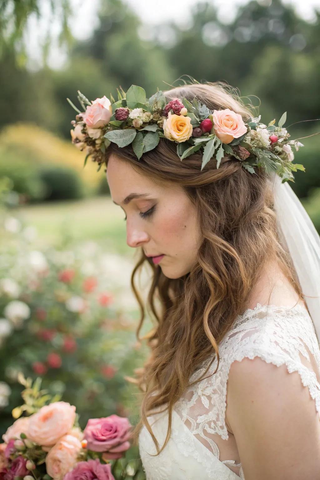 A bohemian bride adorned with a stunning floral crown.