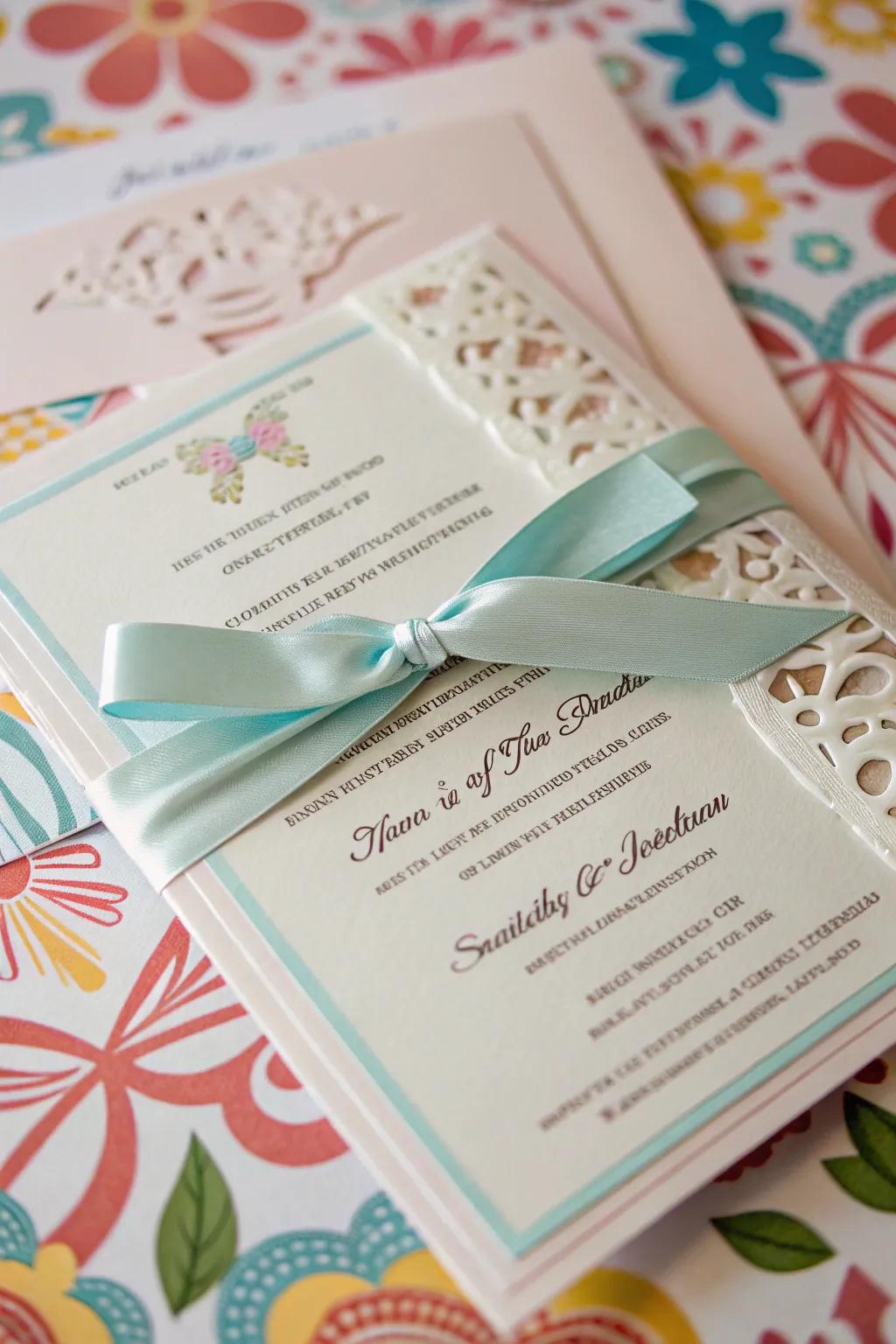 Whimsical spin and fasten ribbon on a wedding invitation.