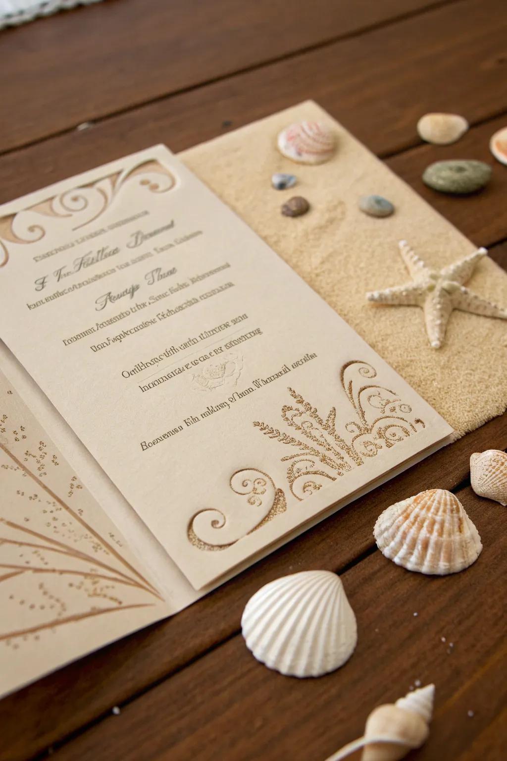 A destination wedding invitation is inspired by a tropical beach setting.