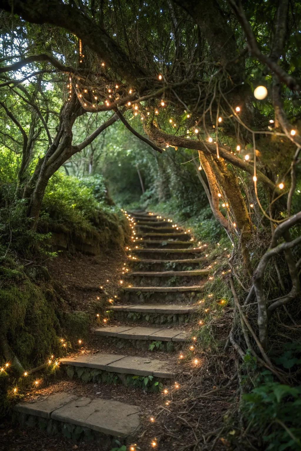 A fable timberland theme establishes a magical, storybook setting on this stairway.