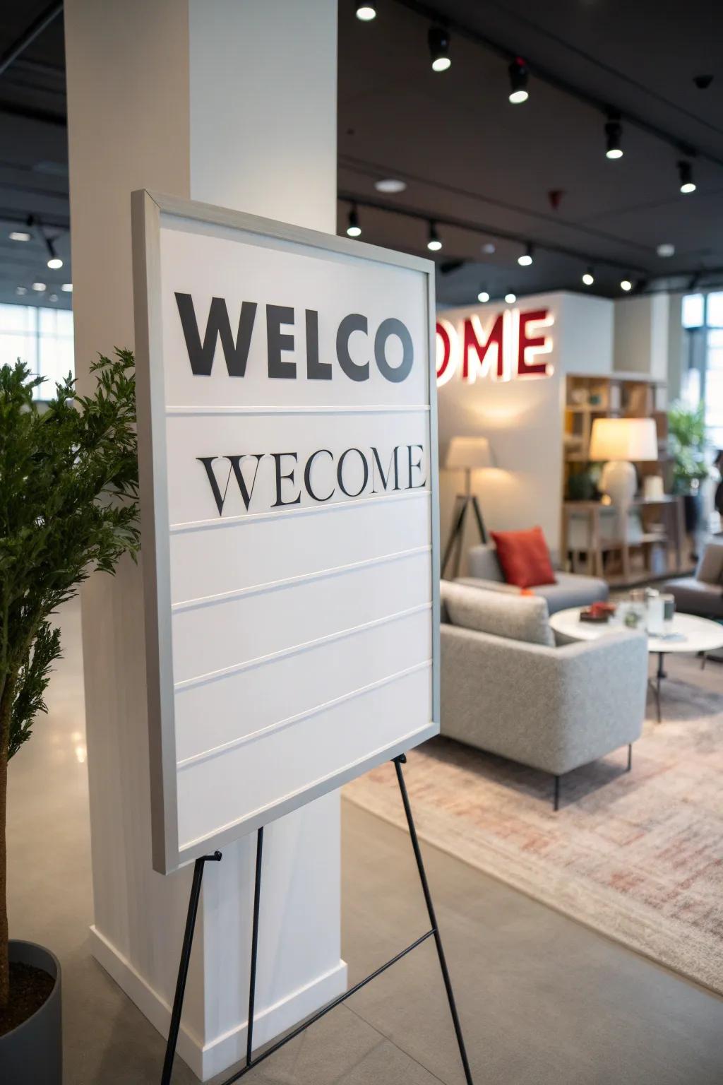Striking lettering on a magnetic writing surface for a strong welcome statement.