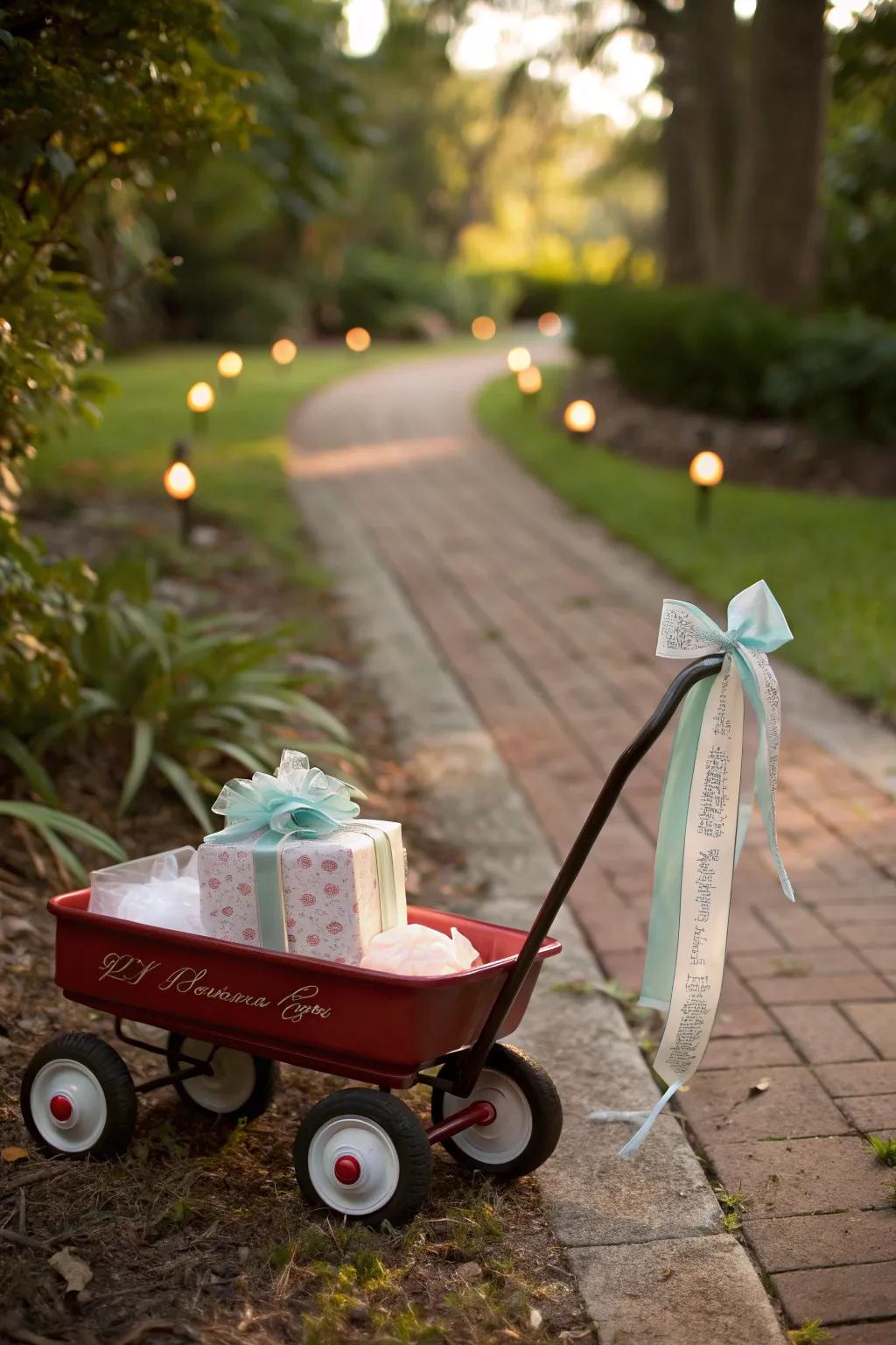 A toy wagon adds a playful and nostalgic touch.