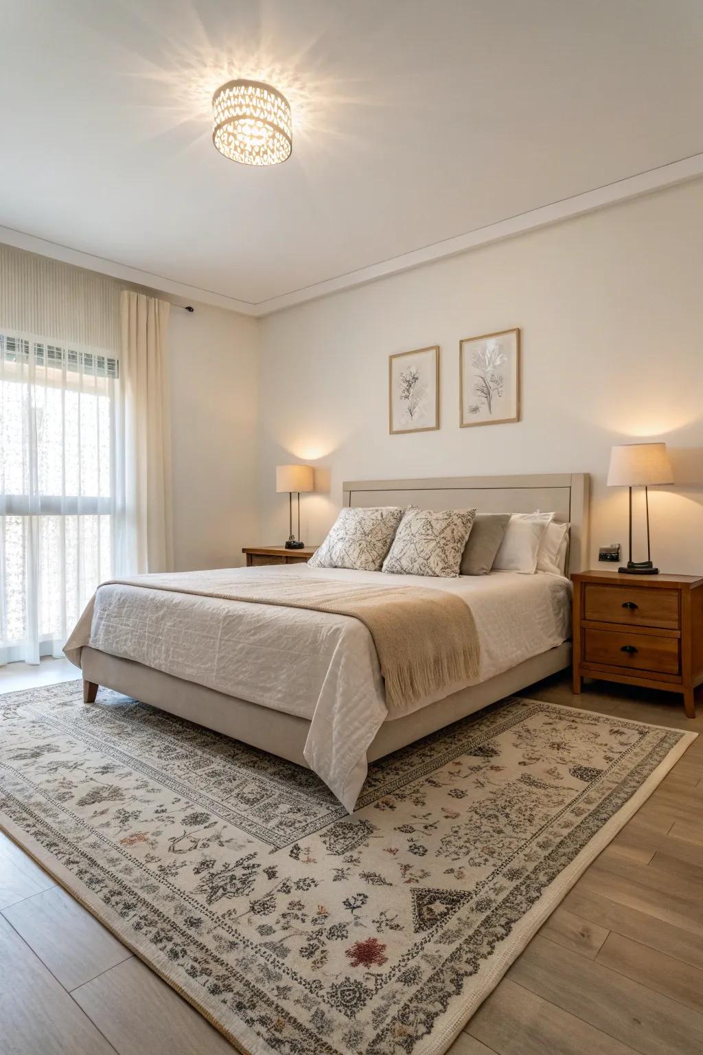 A minimalist floor covering choice enhances tranquility and serenity in the bedroom.