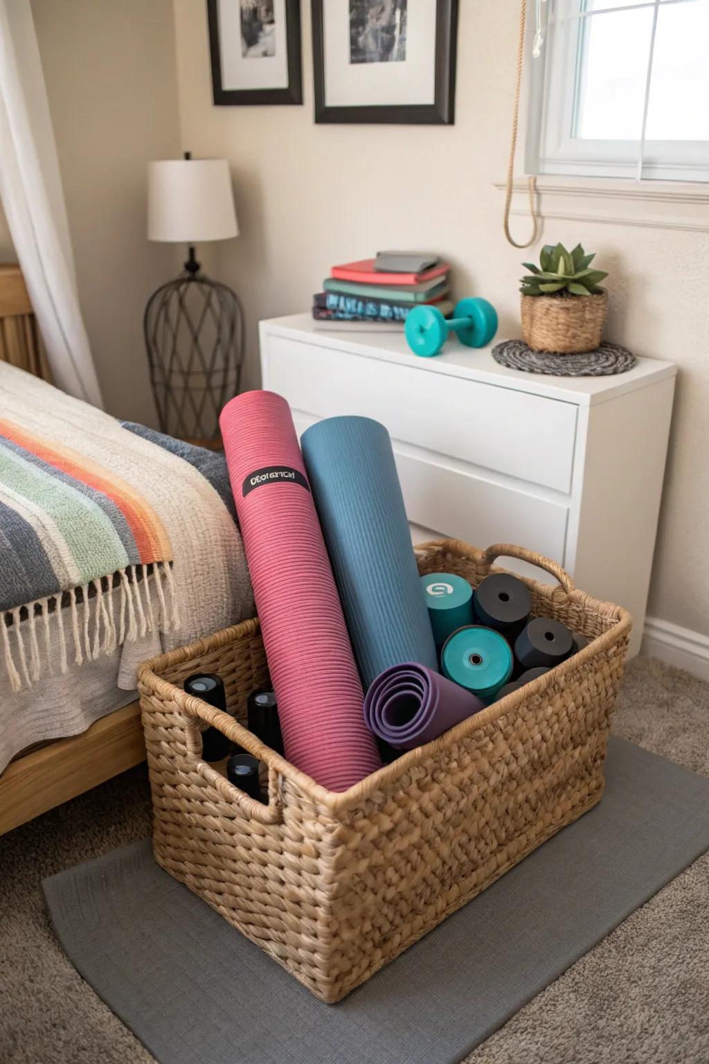 A basket for fitness gear keeps your workout essentials organized and ready.