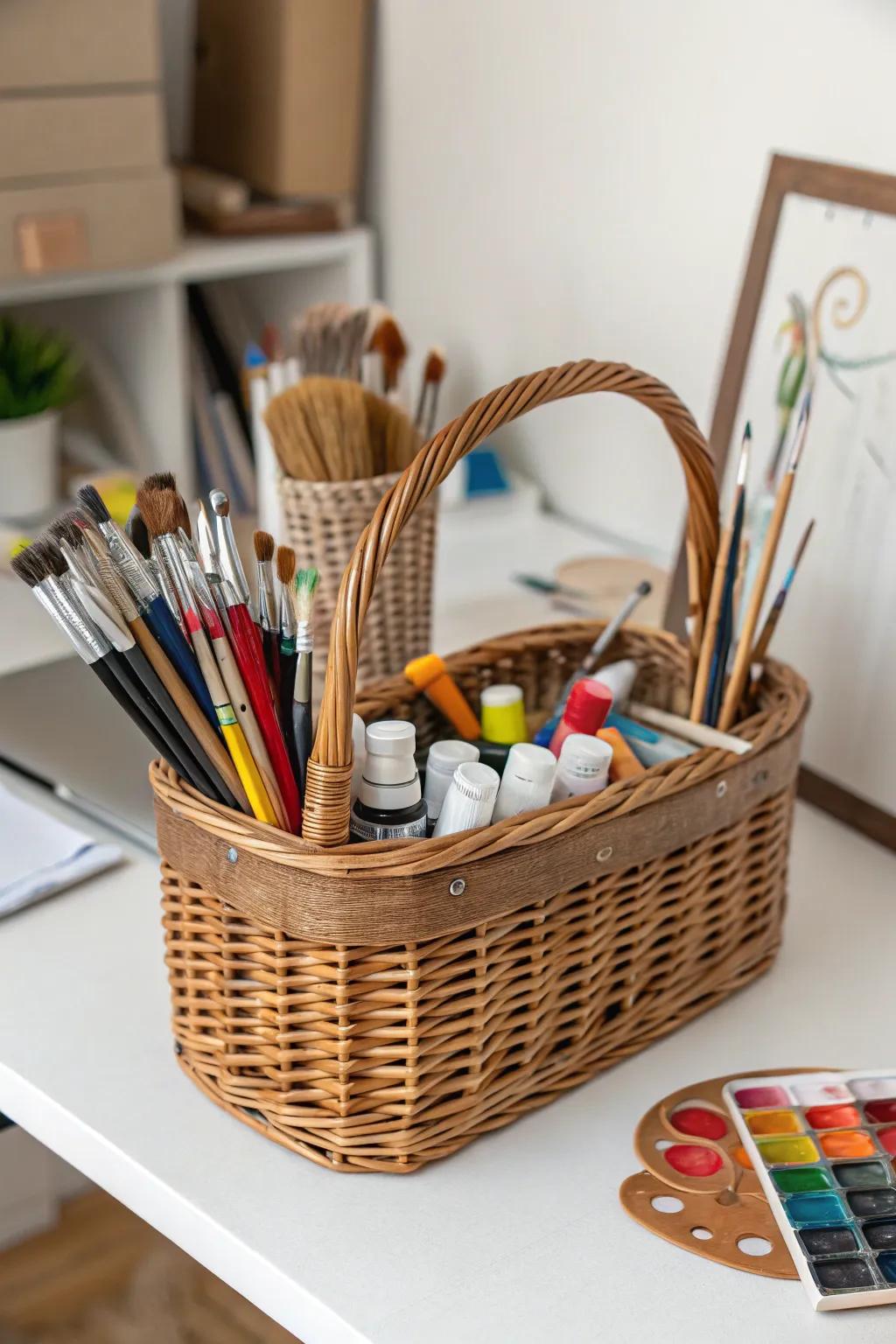 A basket filled with art supplies keeps your creative area coordinated and ready for inspiration.