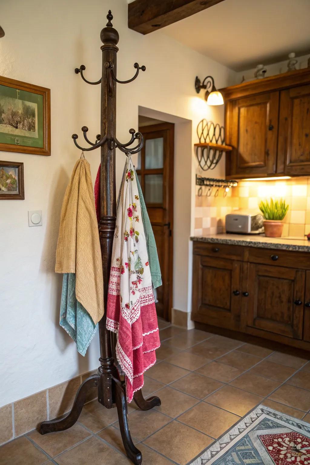 Transform a coat hanger into a unique kitchen linen holder for a vintage accent.
