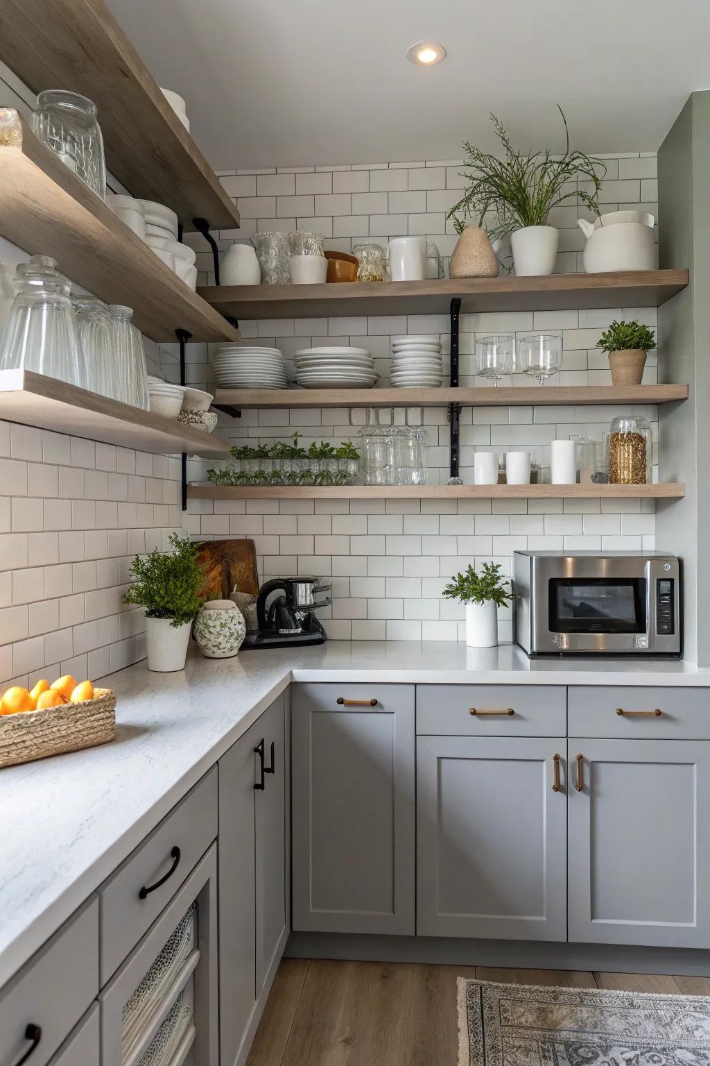 Revealed shelving introduces flair and practicality to the cooking space.