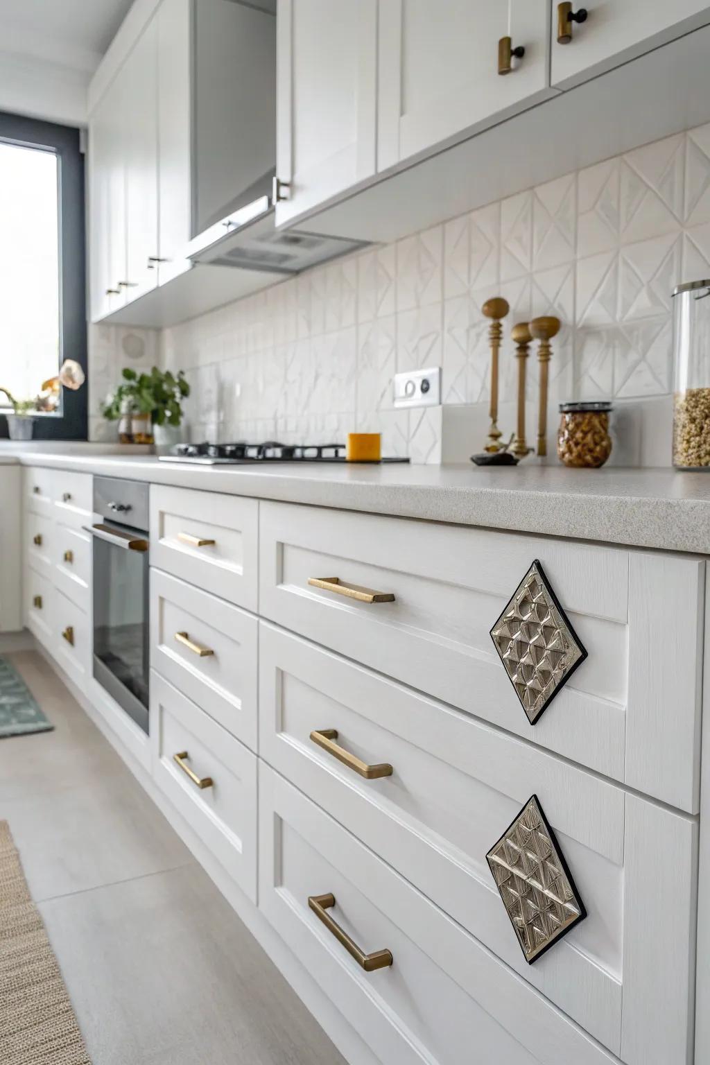 Unique geometric shapes adding personality to a minimalist kitchen.