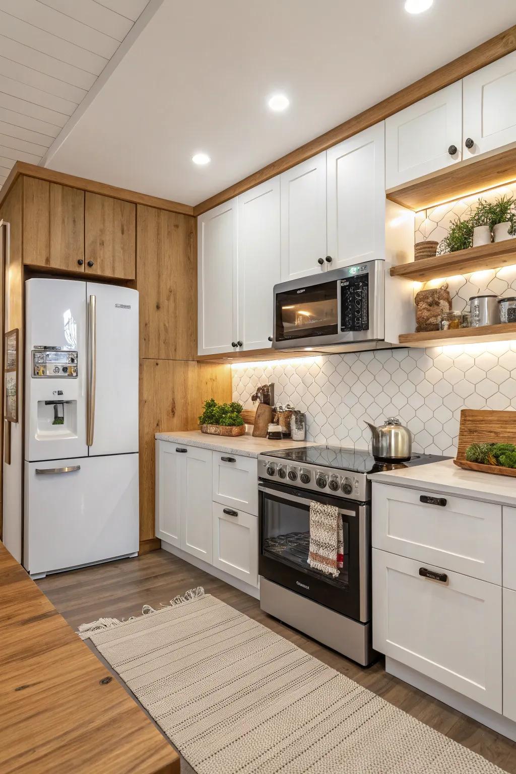 The kitchen gains increased utility and visual appeal from the integration of smart appliances.