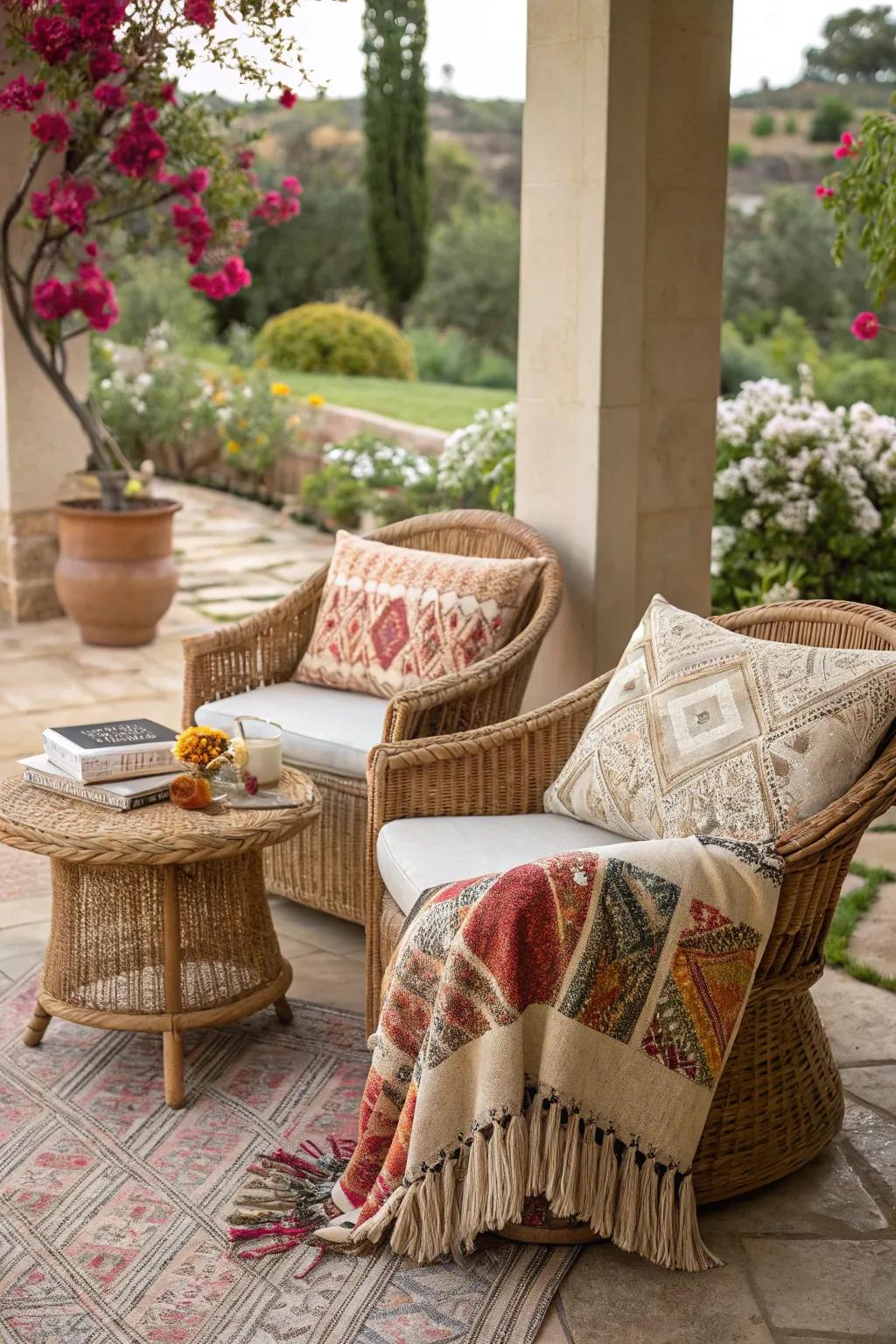 Bohemian chic converges with wicker for a laid-back patio style.