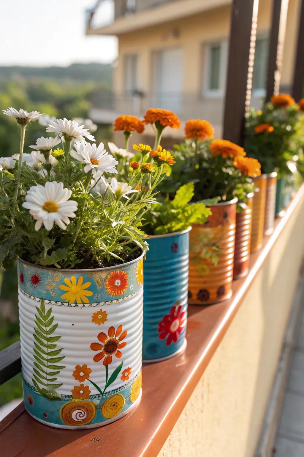 Upcycled tin containers serve as economical vases appropriate for wildflowers.