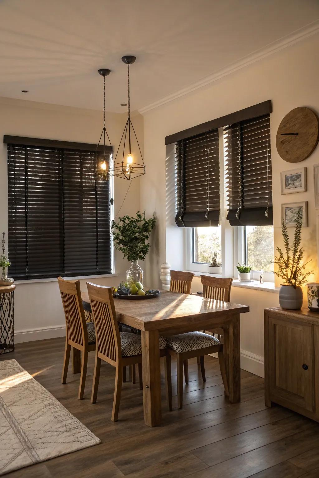 A dining room with opposing blinds exudes drama.