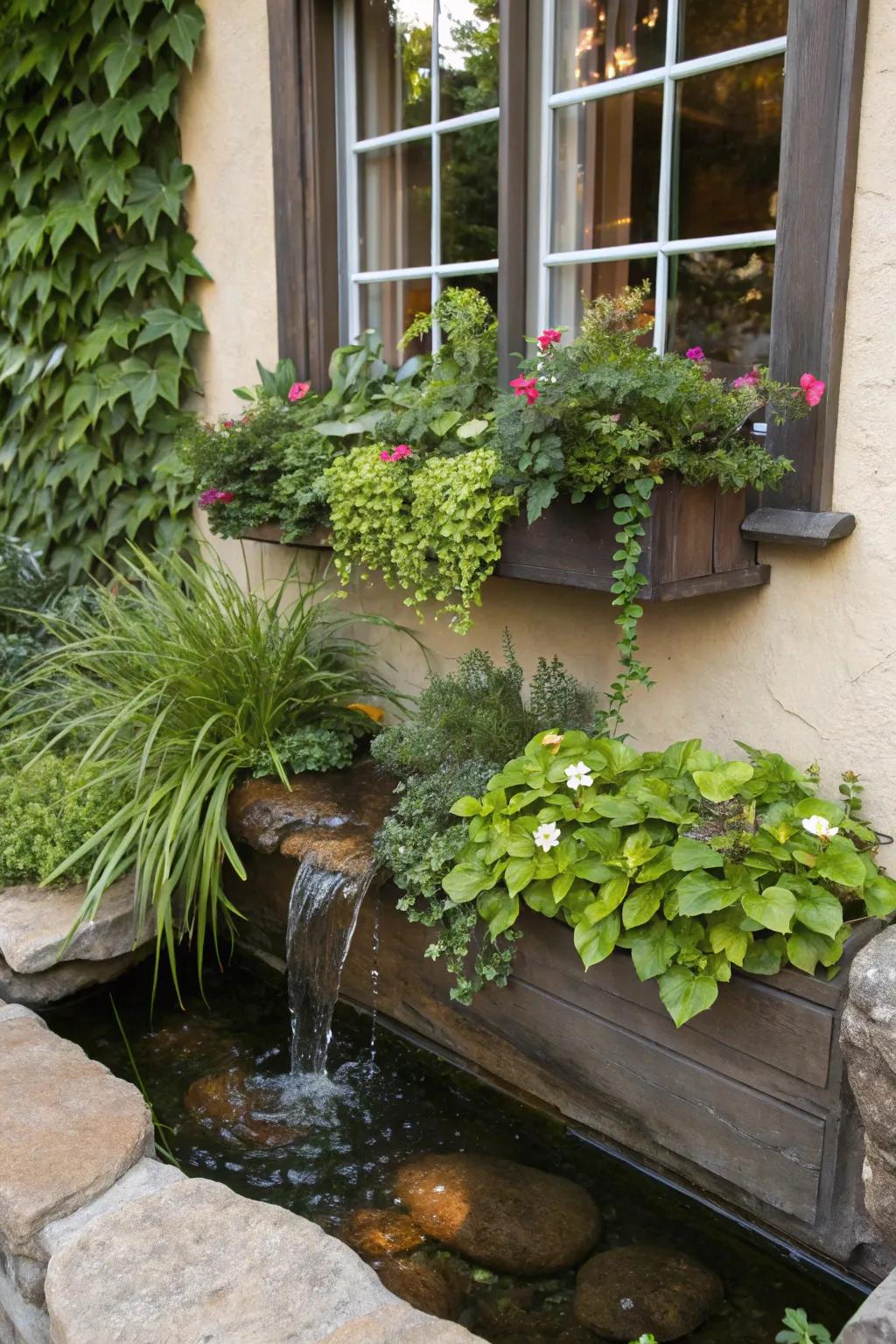 A tranquil water feature with a mini pond in a window box
