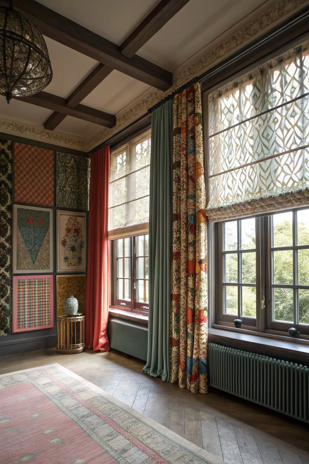 Layered window coverings add dimension and interest.