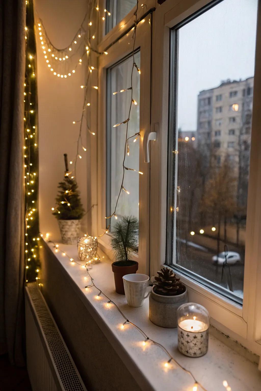 Fairy lights inject a playful radiance to this window sill.