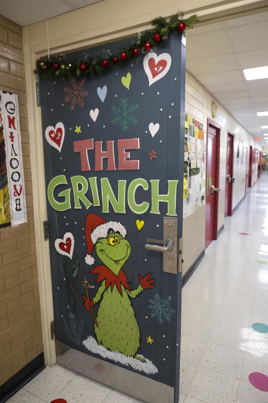 The Grinch brings a mischievous twist to this winter door
