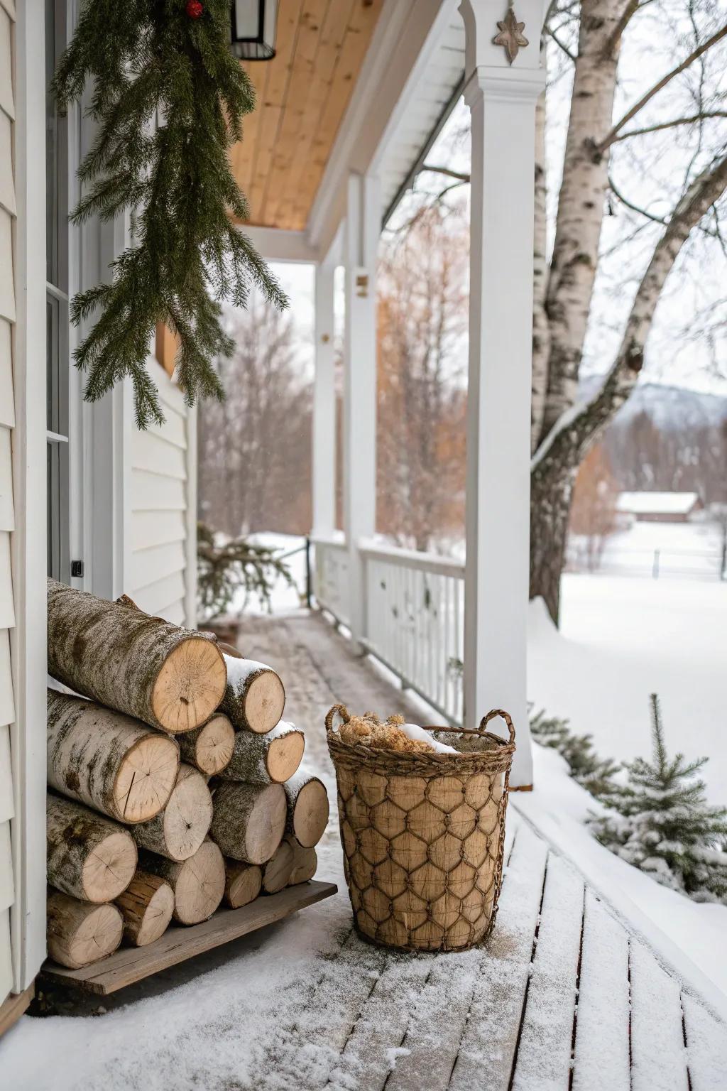 Stacked white logs add rustic charm to this winter porch.