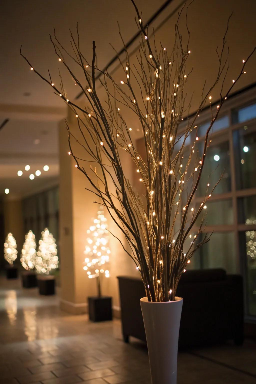 Illuminated sprigs proffer a subtle radiance, elevating any space.