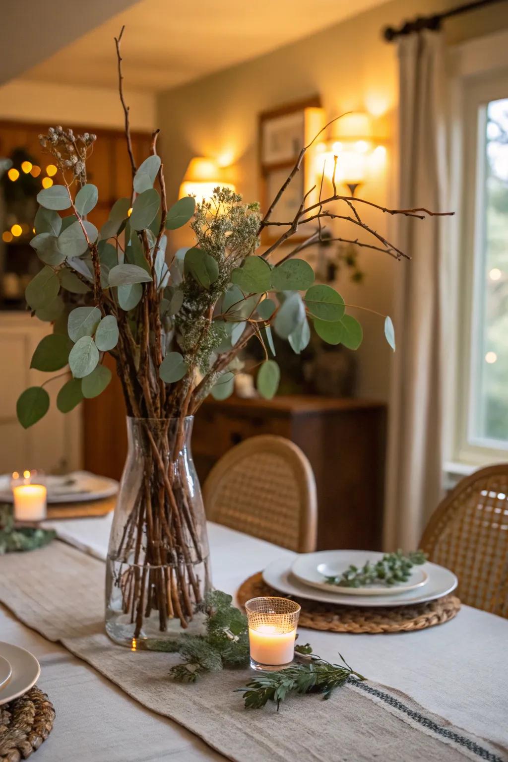 A eucalyptus and branch blend crafts a harmonious and sophisticated piece.