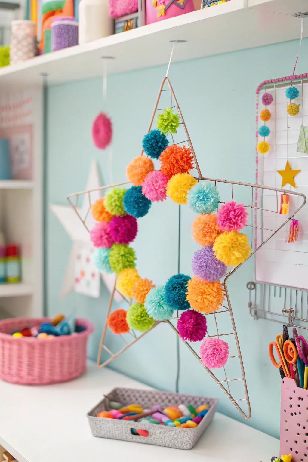 A brilliant and pleasurable pom-pom star garland for animated ornamentation.