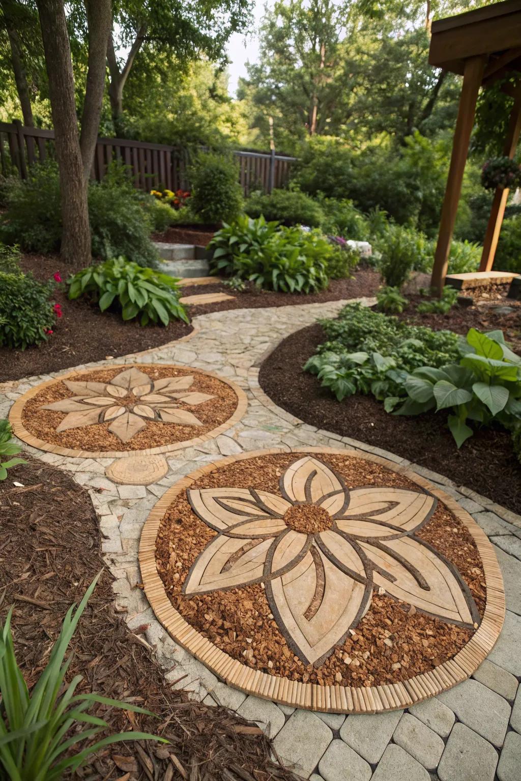 Timber fragments contribute dimension and distinction to garden artistic pieces.