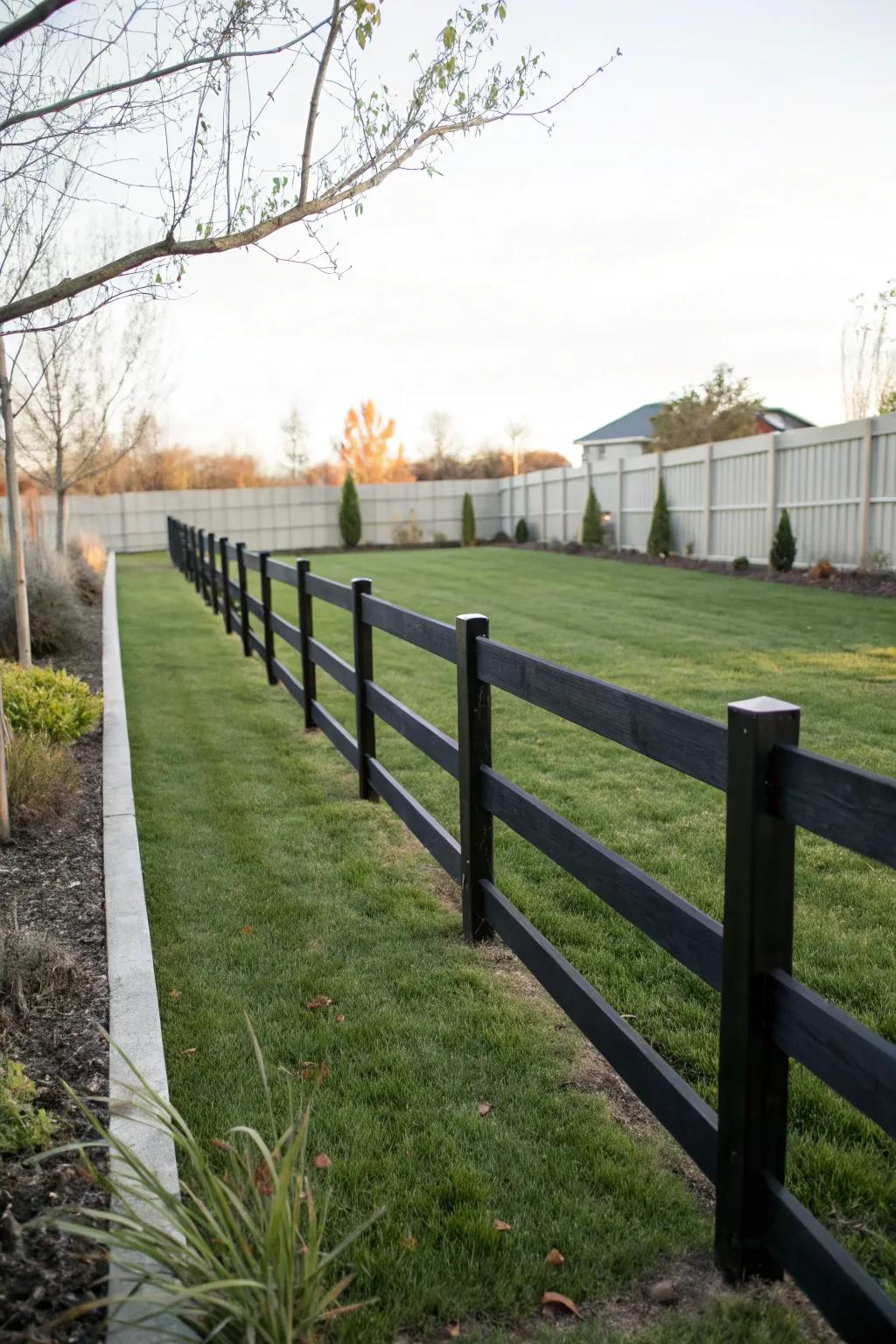 Black post and rail fences exude a sleek and modern elegance.