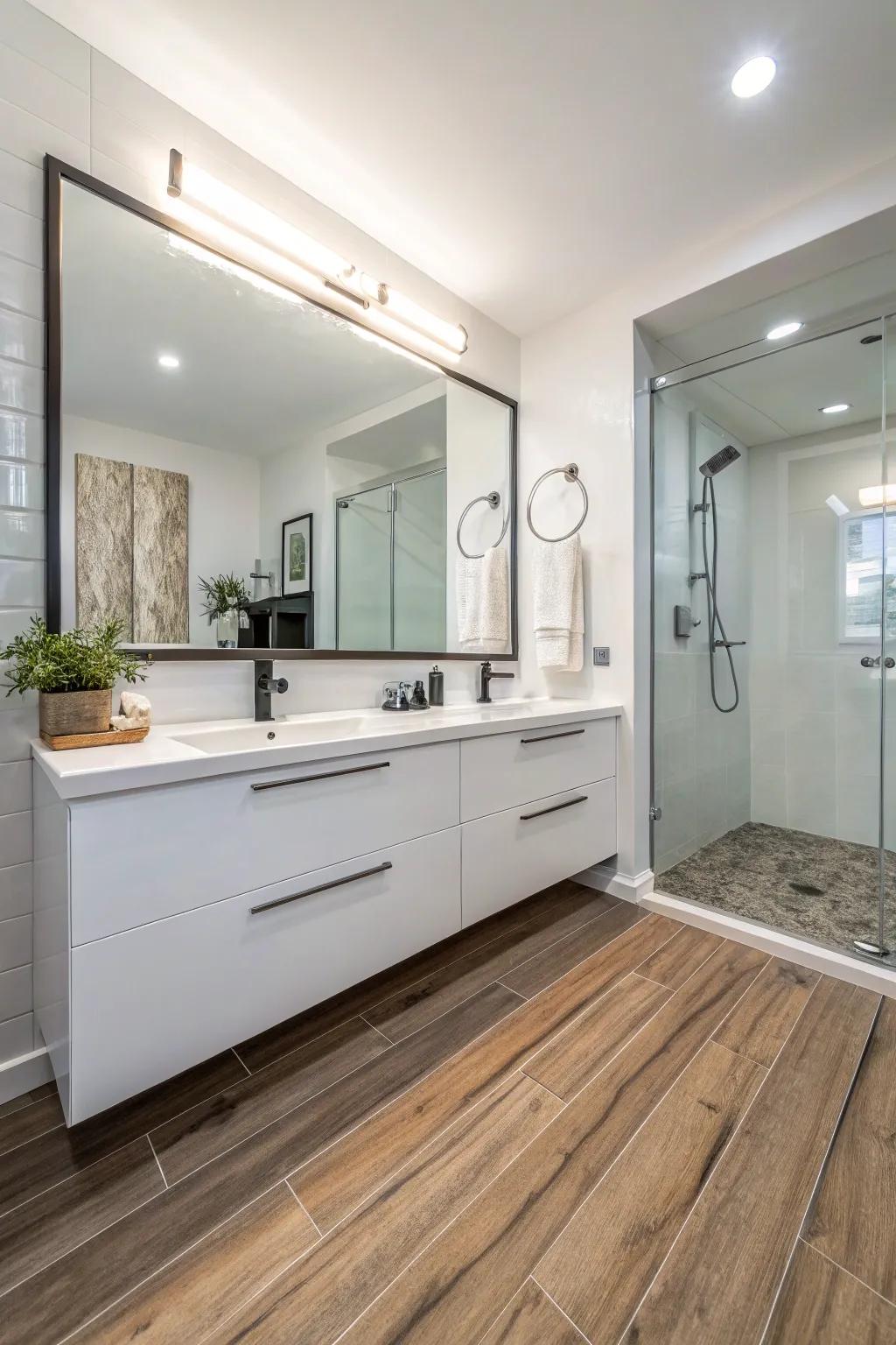 Bathroom featuring innovative timber replica tile flooring.