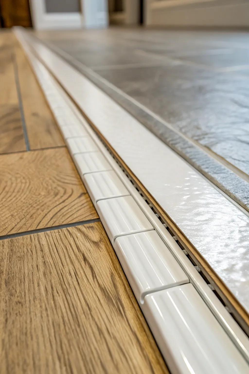 Close-up of a T-track transition uniting tile and wooden flooring.