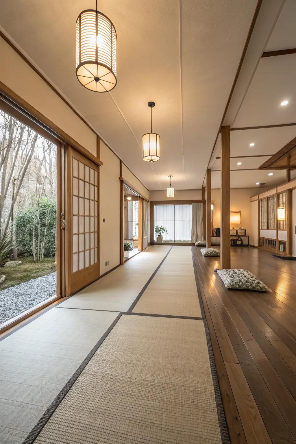 Organic cadence in floor shifts fashions a seamless and tranquil ambiance.
