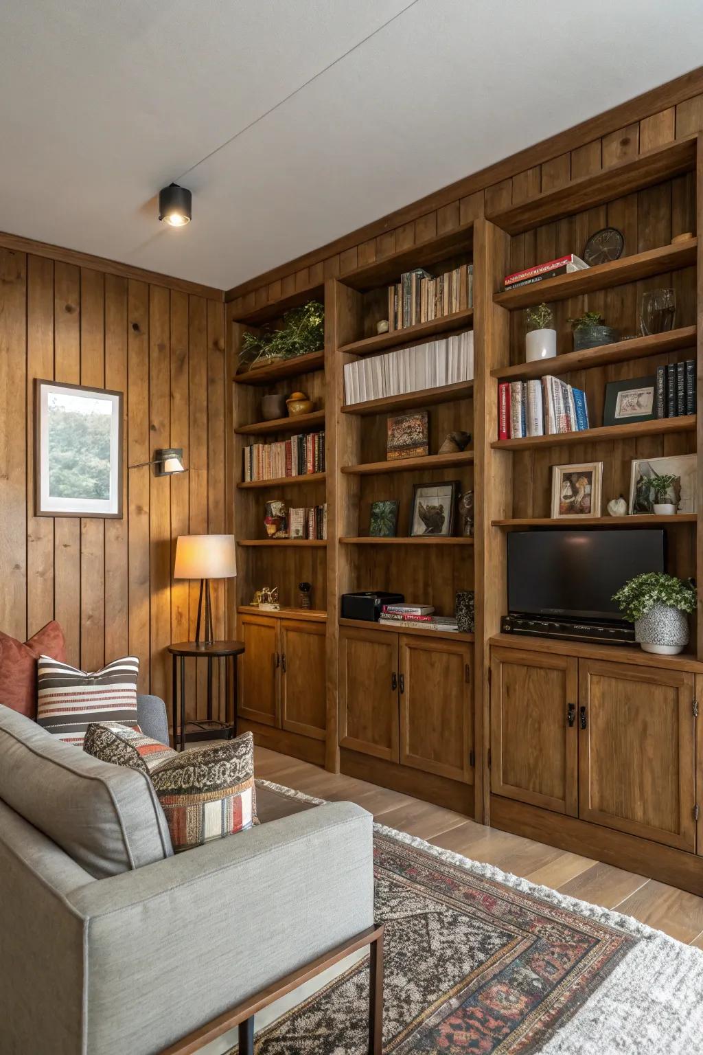 Integrated shelving with wood panels optimizes space and elegance.