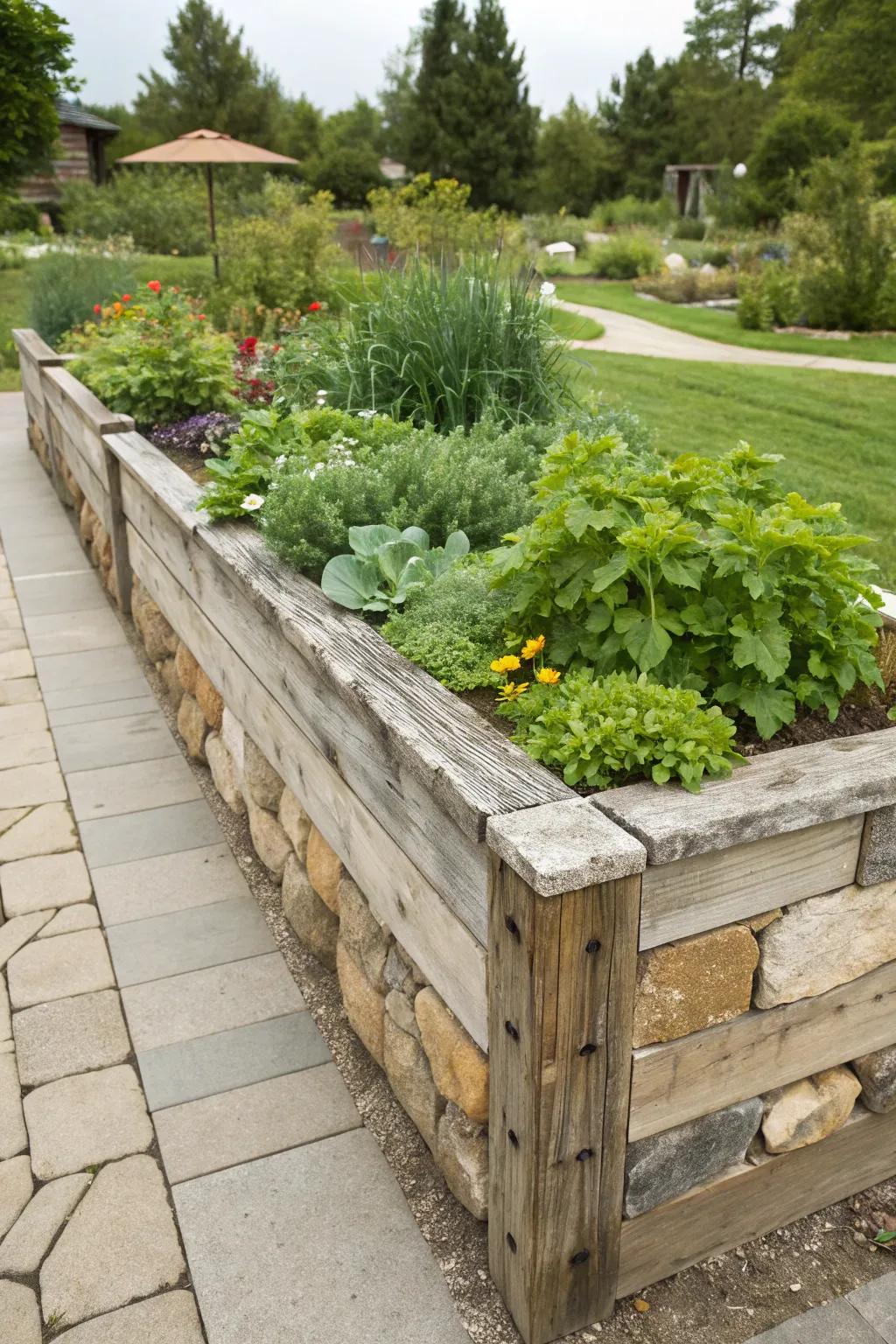 Stone and timber together fashion striking garden beds.