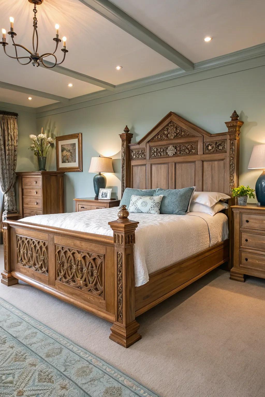 Unique woodwork makes this wood bed a standout piece.