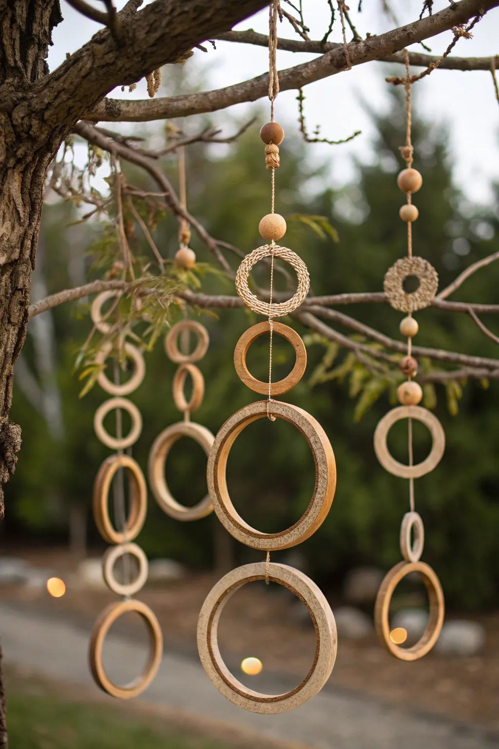 Structured timber circles create a distinctive, dimensional ornament display.