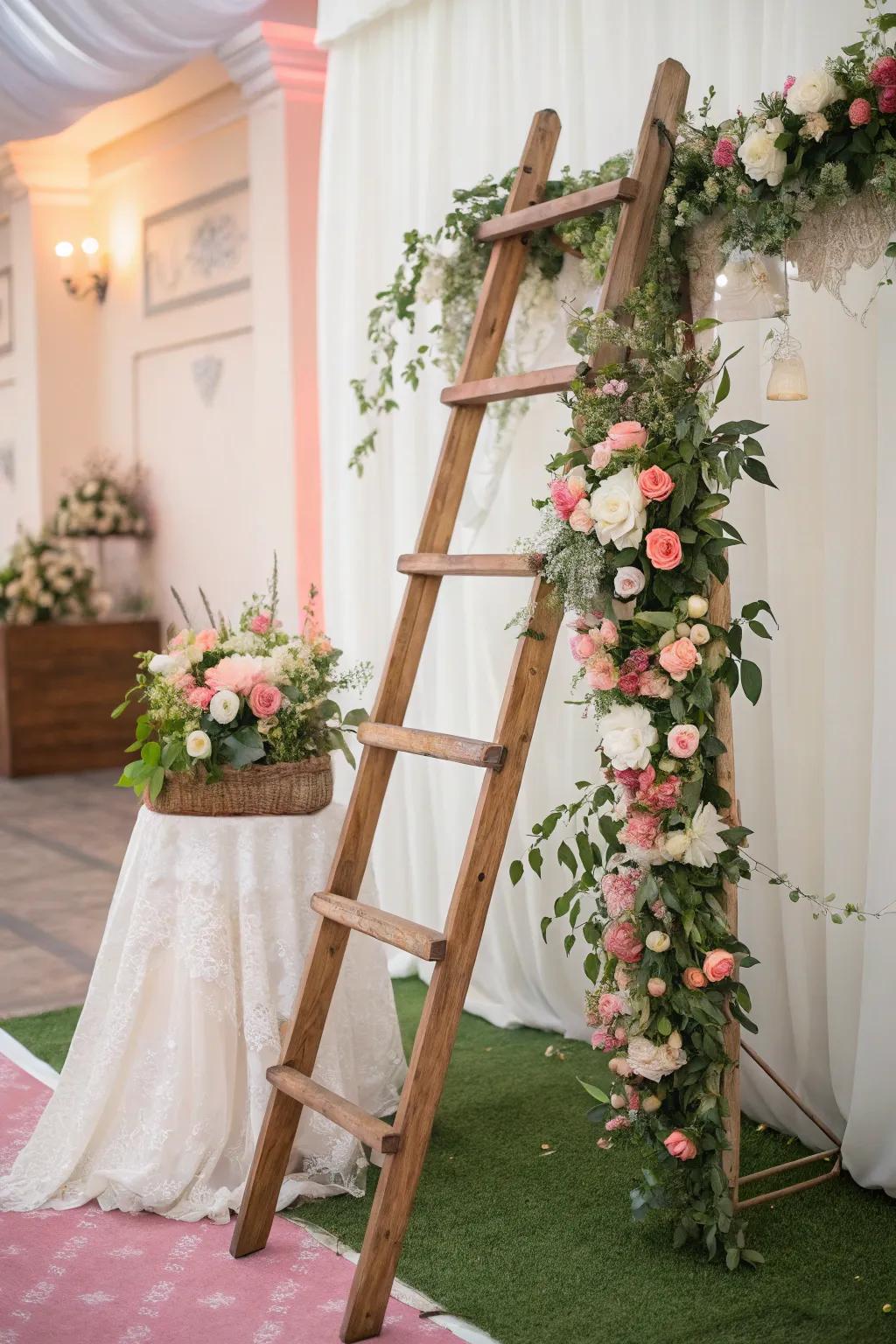 A timber ladder with flowers creates a creative and visually captivating wedding backdrop.