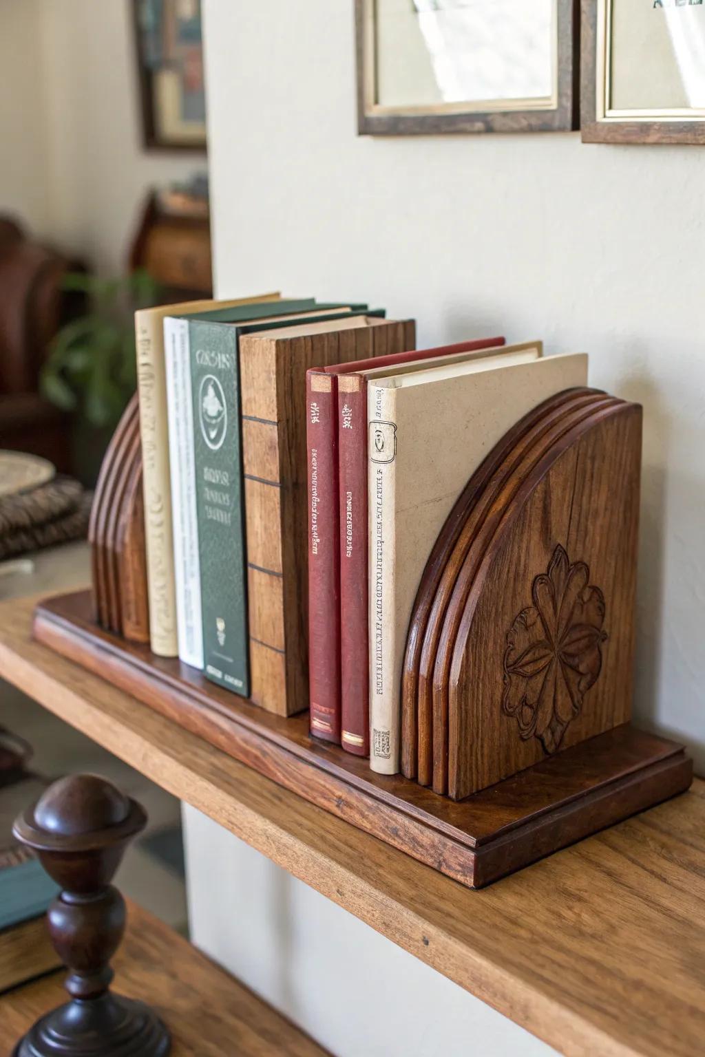 Timber bookends adding a personal touch to a book selection.