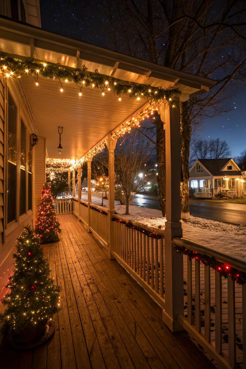A porch beautifully decorated with glimmering Yule lights.