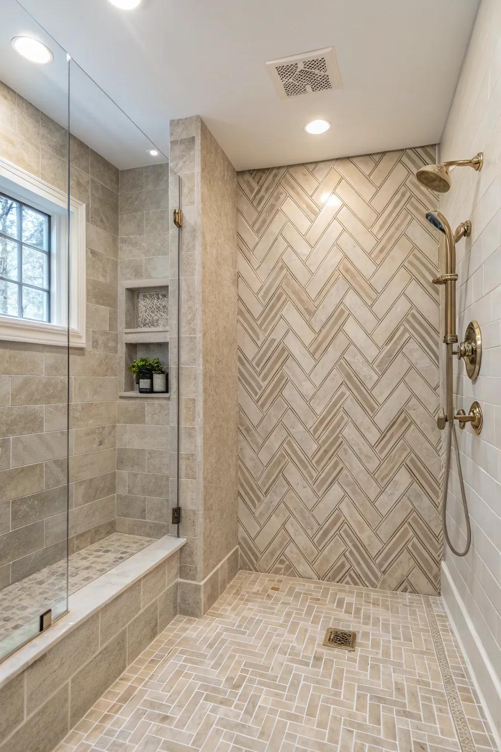 Herringbone patterns add subtle elegance and sophistication to showers.