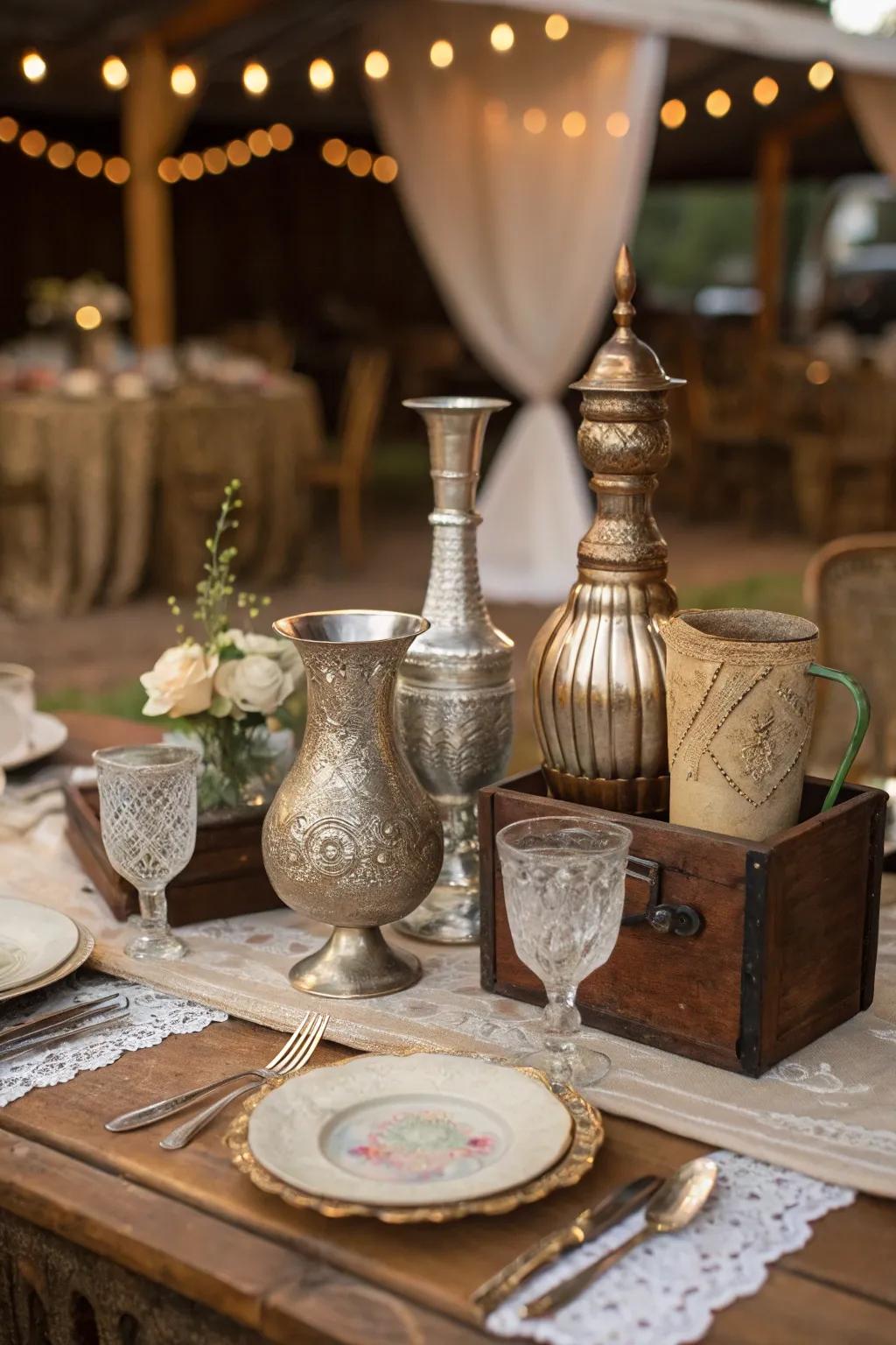Vintage centerpieces evoke a sense of timeless beauty.