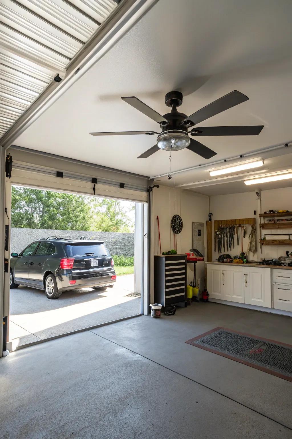 A ceiling fan improves the comfort of your garage.