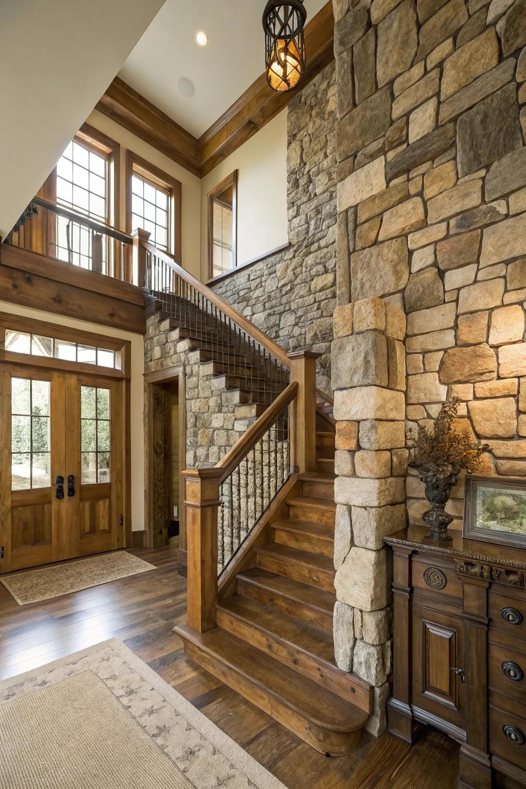 Combining visual elements adds depth and interest to the foyer.