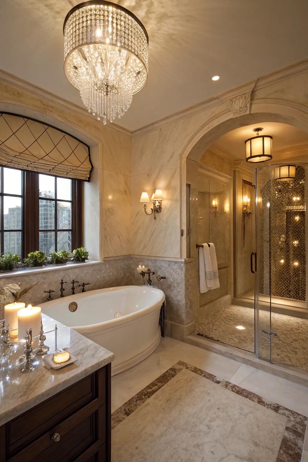 An opulent bathroom acts as a spa-like personal sanctuary.