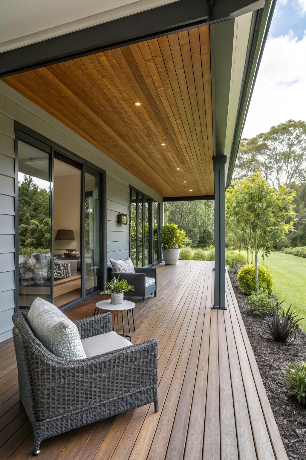 Sustainable materials introduce an eco-friendly touch to a contemporary porch.