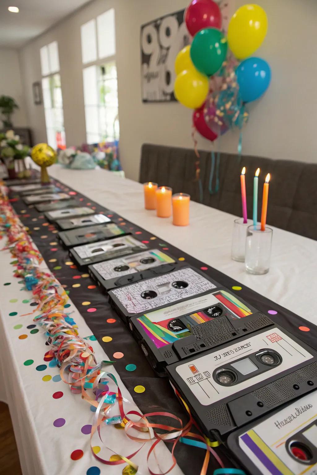 A cassette tape table runner introduces a creative style to your party's decorations.