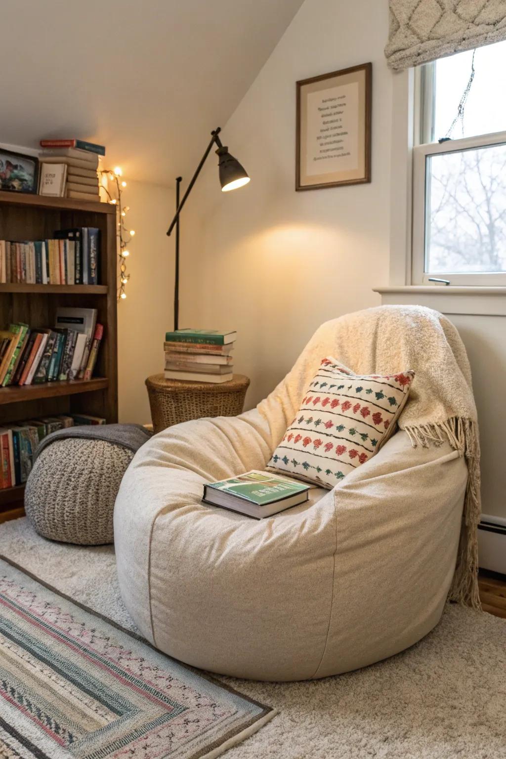 A cozy reading nook invites her to escape into stories and adventures.