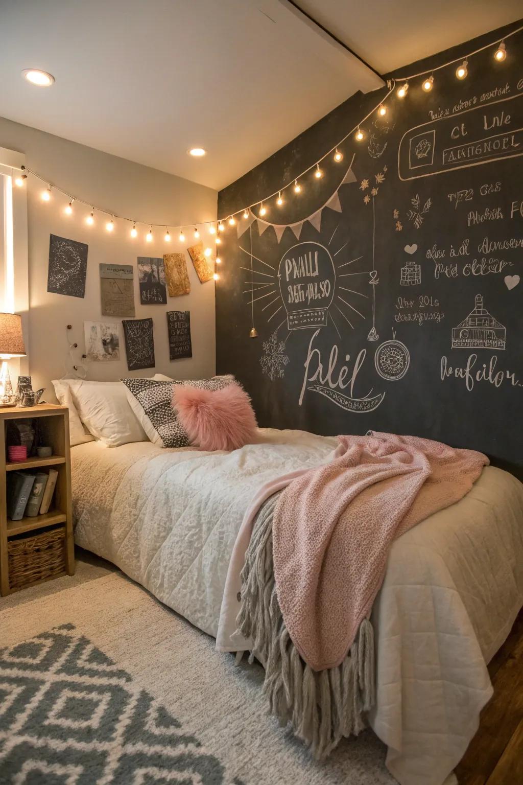 Chalkboard finish on the feature wall transforms the bedroom into a creative space.