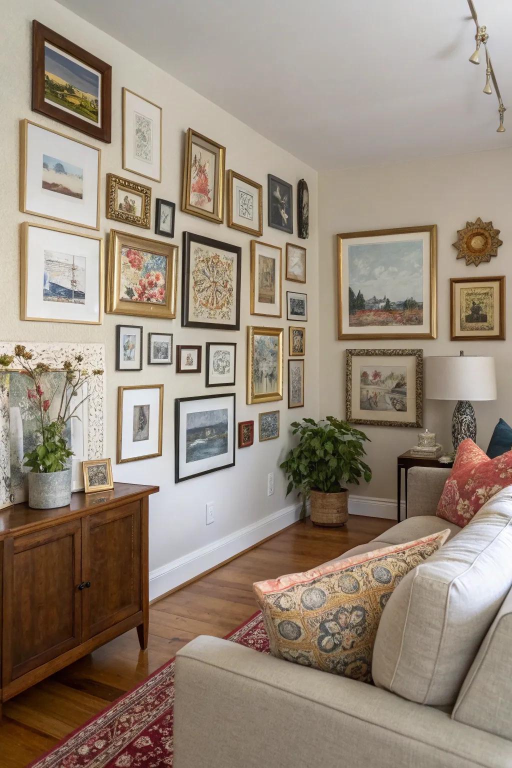 A vibrant gallery feature adds character and personal style to the living room.