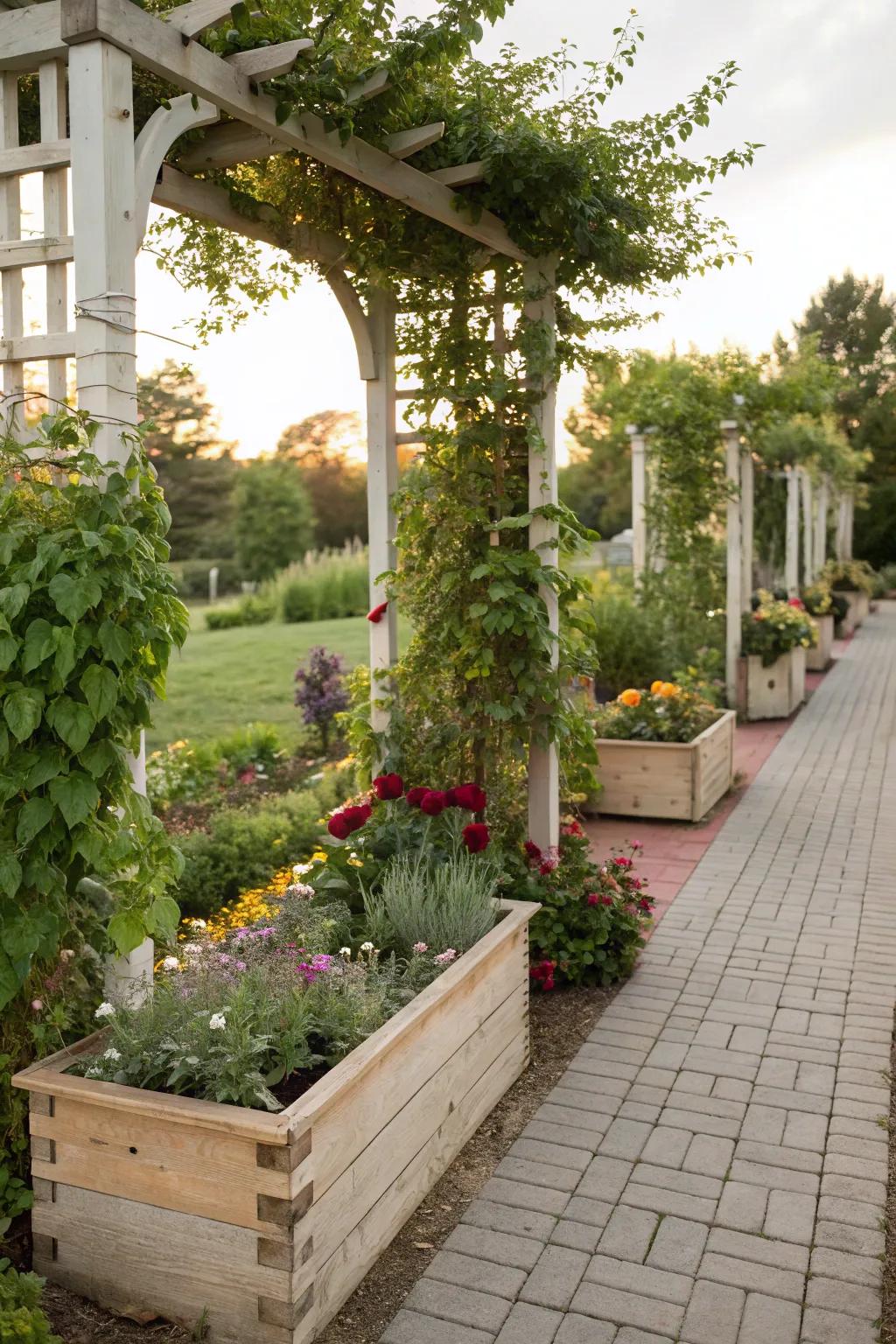Planter boxes on a pergola contribute functionality and floral beauty.