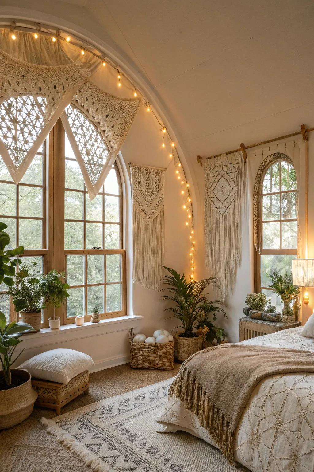 Bohemian bedroom featuring fiber art treatment on arched windows.