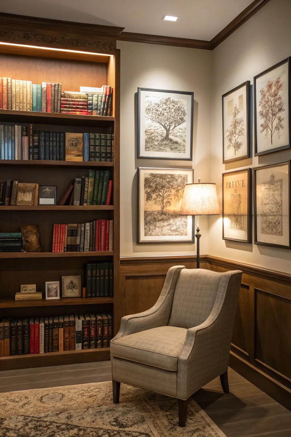 Art positioned above bookcases exploits vertical dimension efficaciously and elegantly.